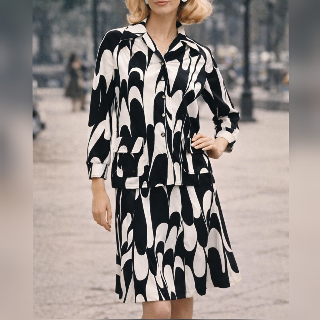 Unbranded Designer Vintage 1960s 70s Black & White Mod Skirt Suit Set Sz 12